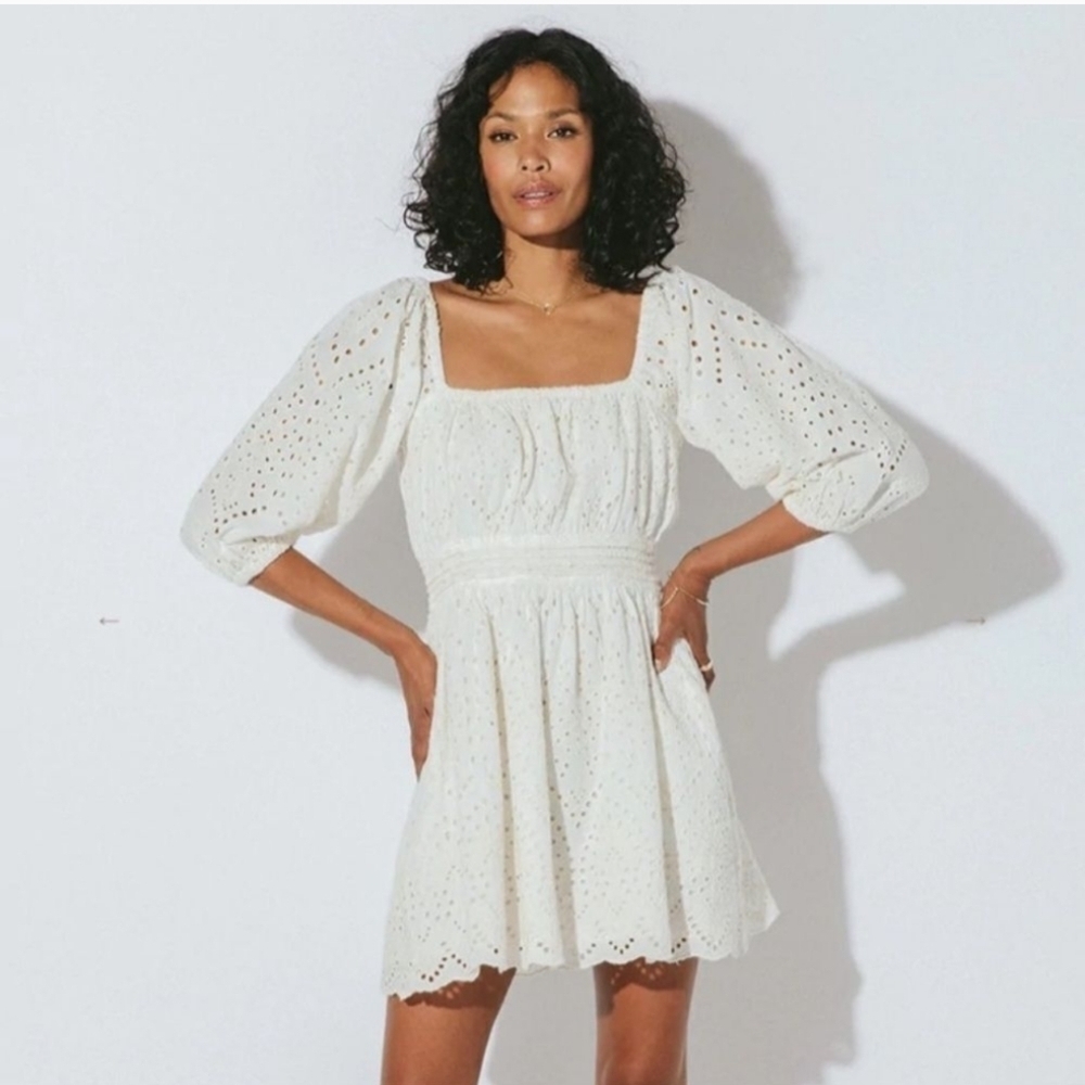 CleoBella Aria Mini Dress White Small Long Sleeve Embroidered Eyelet Tasseled